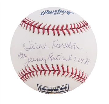 Steve Carlton Signed Hall of Fame Logo Baseball with "32 Jersey Retired 7-29-89" Inscription (PSA/DNA)